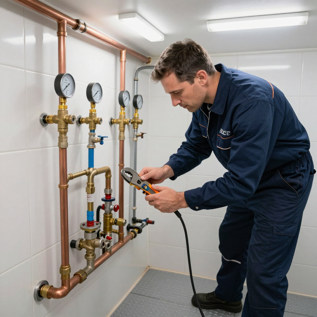 Técnico inspeccionando tuberías y manómetros de cobre en un cuarto de servicio blanco con un medidor portátil.