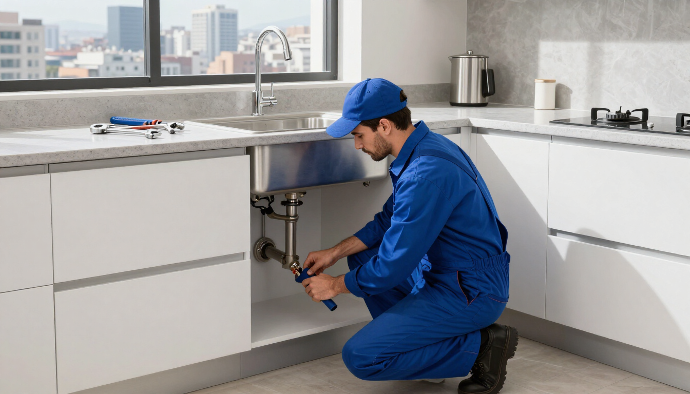 Fontanero con uniforme azul reparando tuberías debajo del fregadero de una cocina moderna blanca.