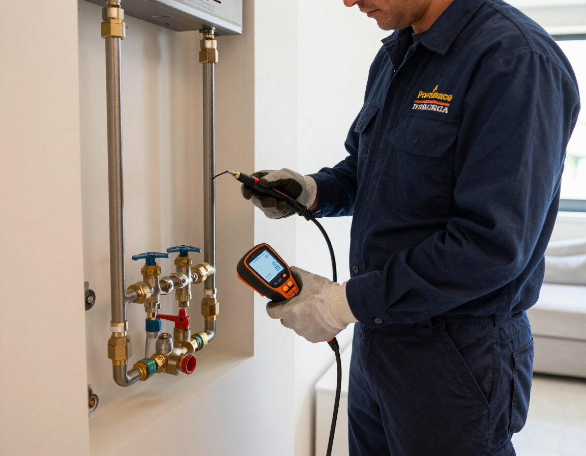 Técnico inspeccionando válvulas de plomería con un medidor portátil en un cuarto de servicio.