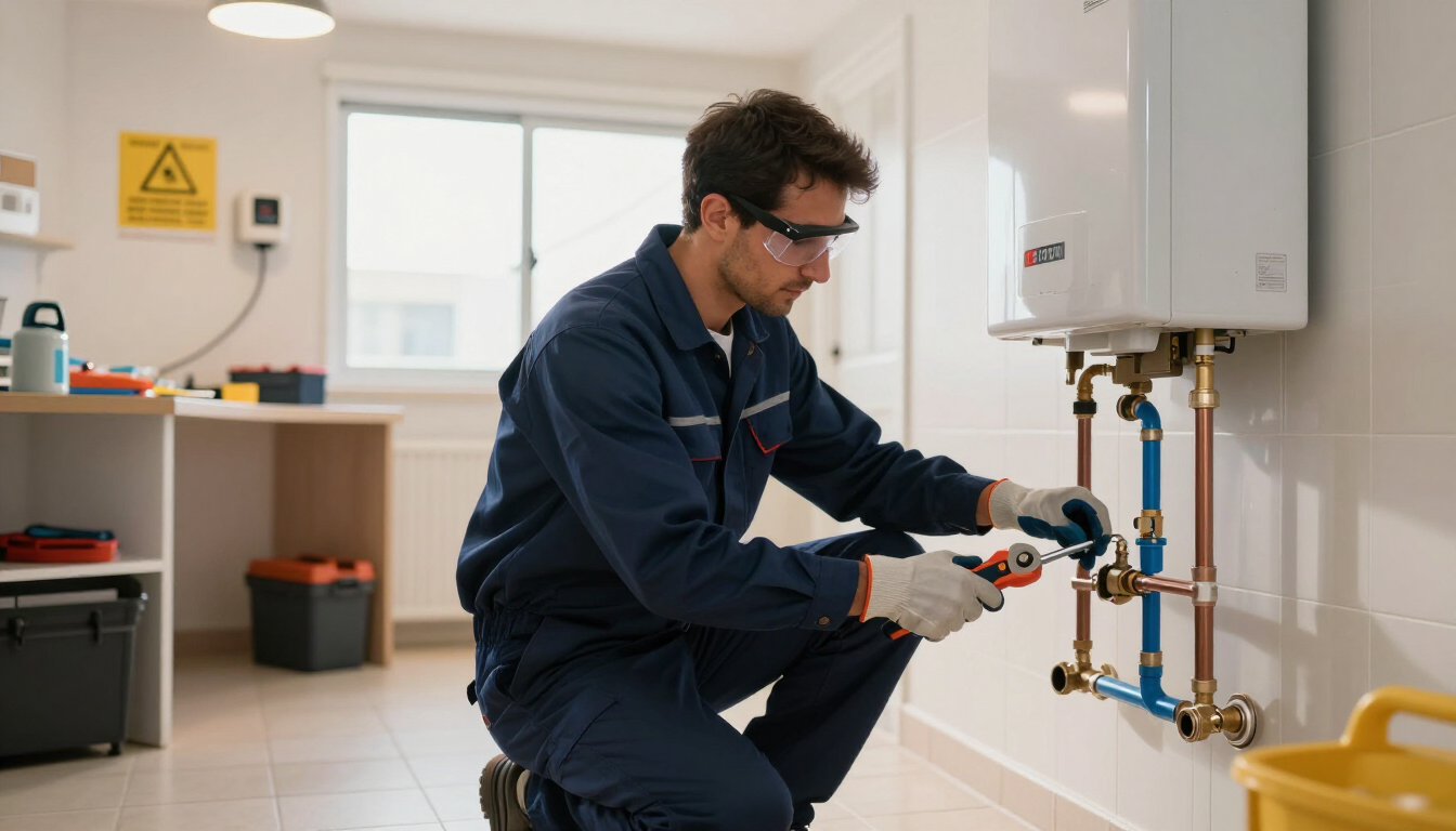 Técnico con mono azul reparando tuberías expuestas en un cuarto de servicio bien iluminado.