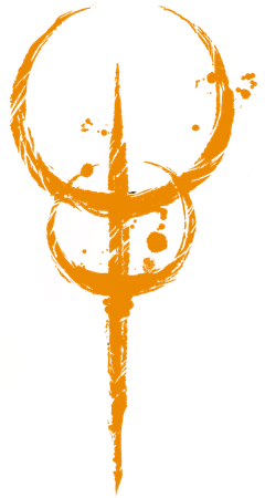 Orange, brushstroke-style emblem. Two connected crescent shapes with a vertical line through them.