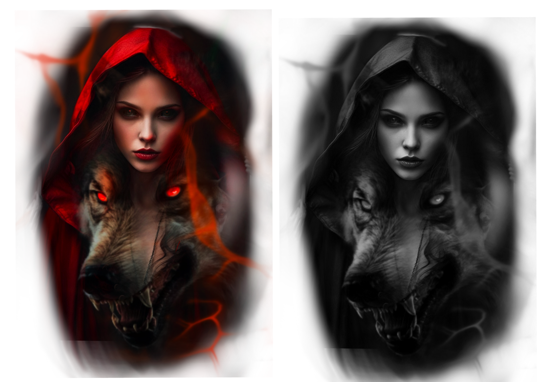Woman in red hood with wolf emerging from back; glowing eyes.