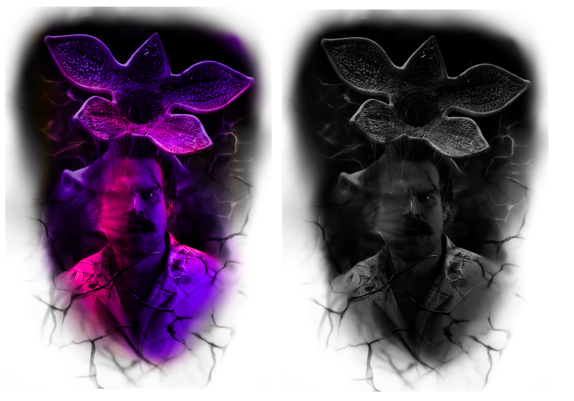 Tattoo design of person under a Demogorgon-like flower; one in purple and pink, the other in black and grey