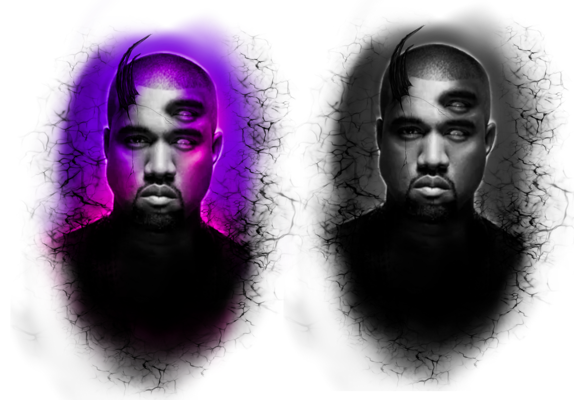 Kanye West portrait with a third eye and cracked effect, presented in purple and grayscale.