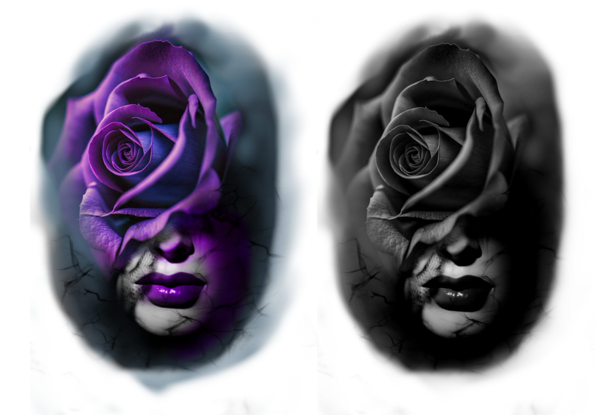 Purple and black roses forming a face; purple and black lips, cracked effect on the skin.