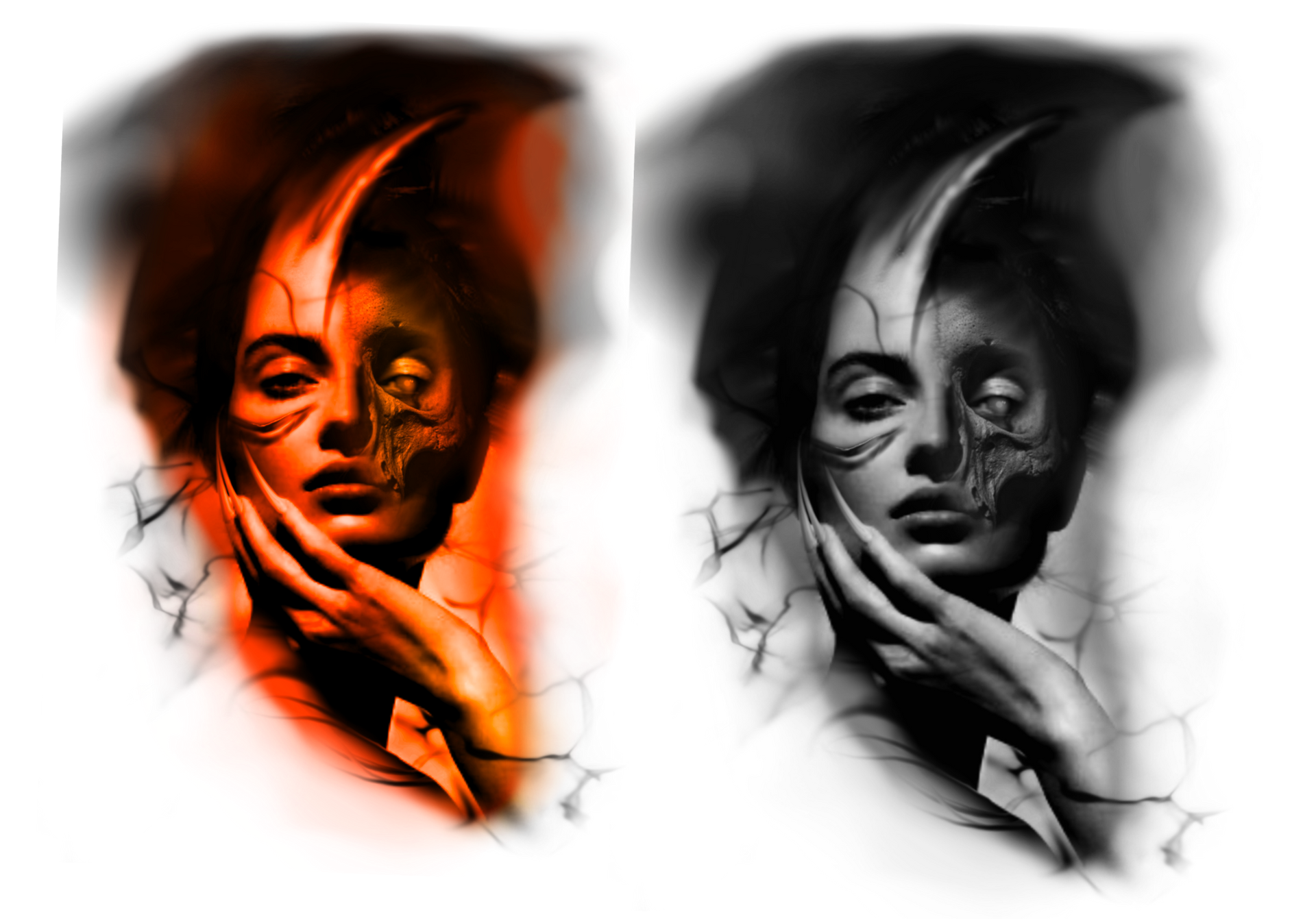 Woman's face split with a skull, holding hand to cheek; one in orange, one in grayscale.