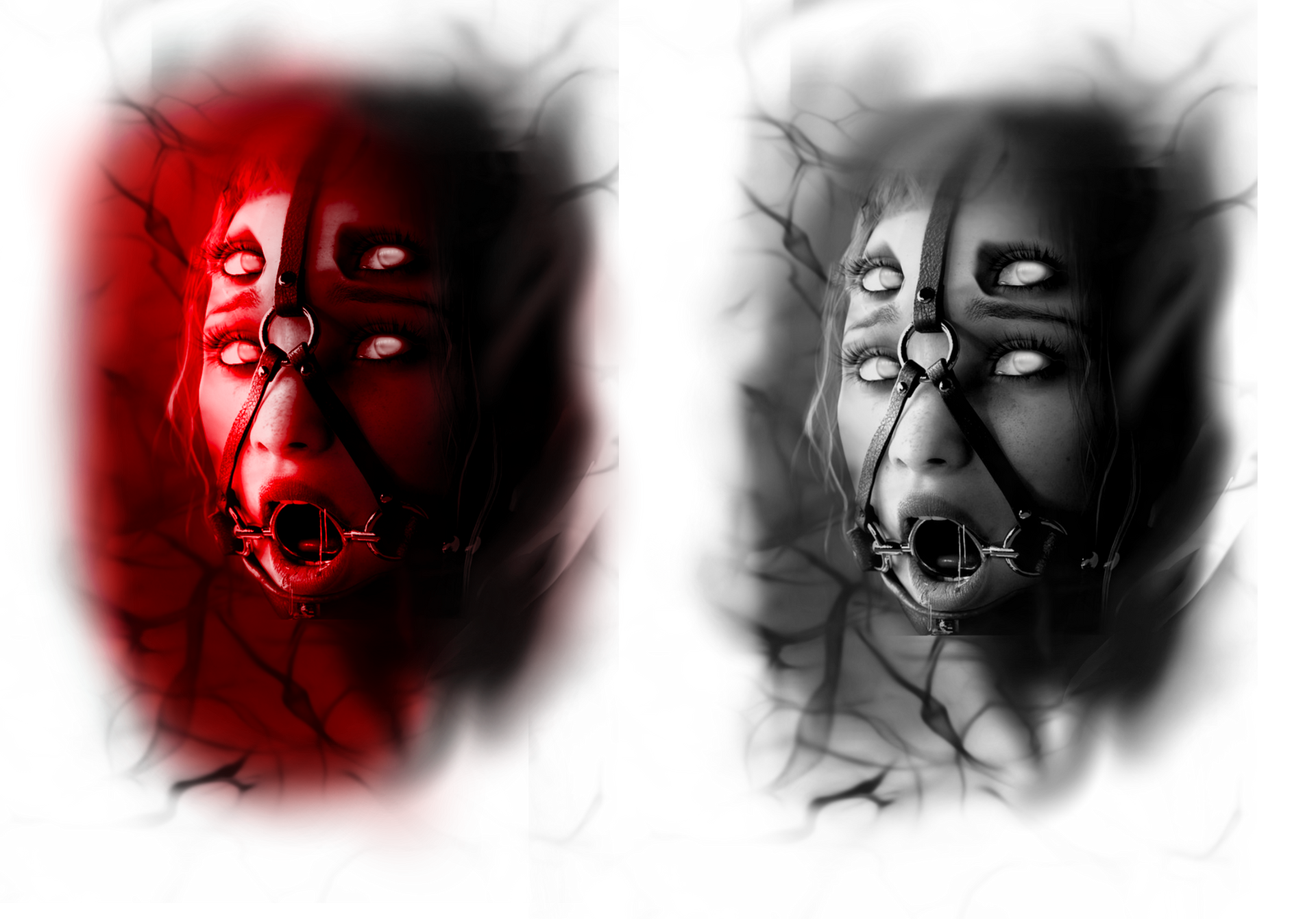 Two stylized faces, one red, one grayscale, wearing restraints and with open mouths and multiple visible eyes.