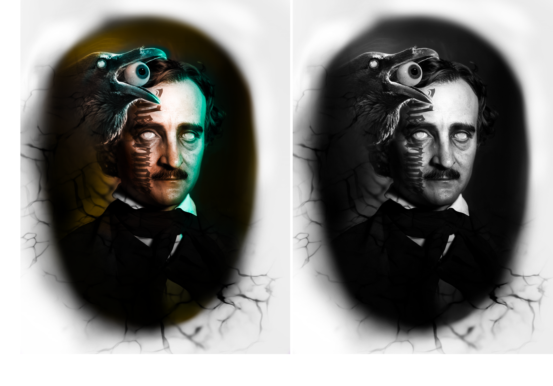 Edgar Allan Poe portrait with a snake emerging from his head, stylized with dramatic lighting and color effects.