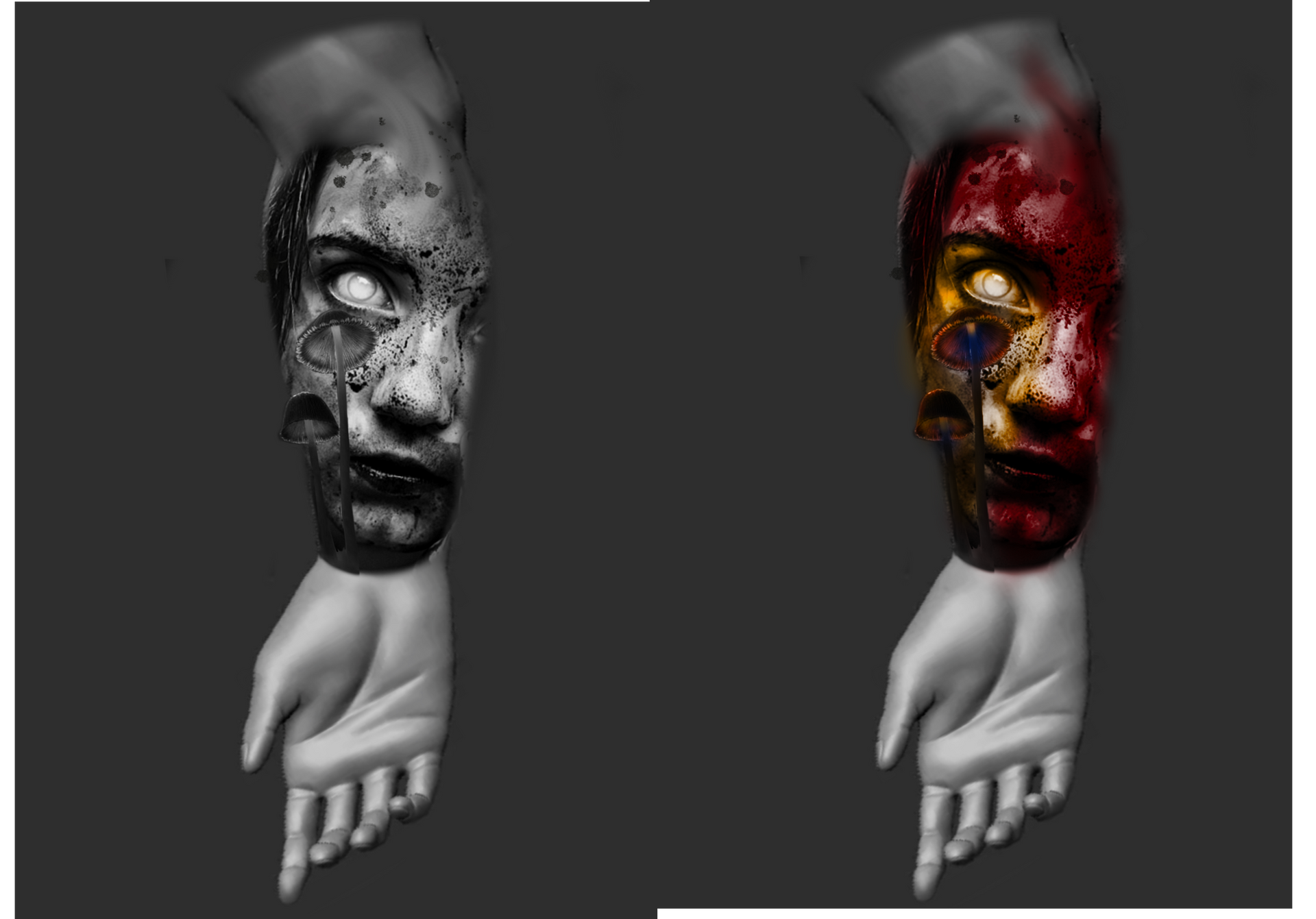 Two forearms, one grayscale, one color. Both depict a zombie face on the upper arm. The color version is red and yellow.