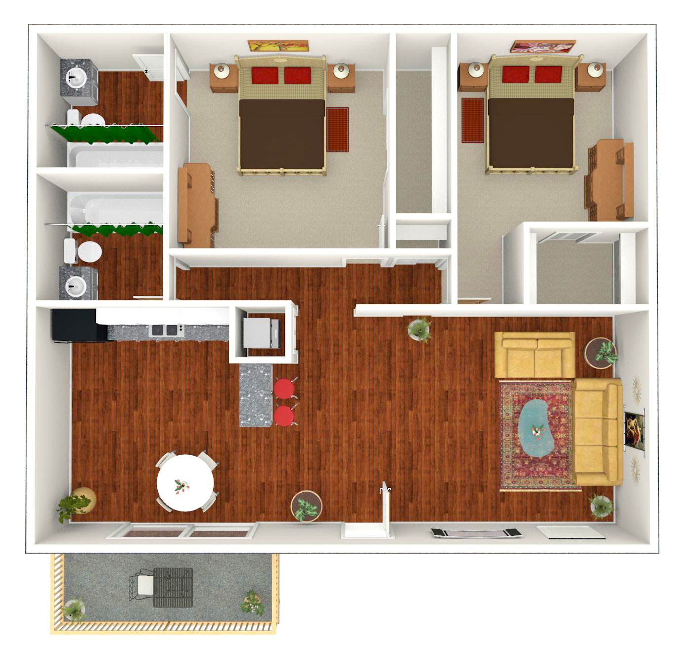 A 3d floor plan of a house with two bedrooms