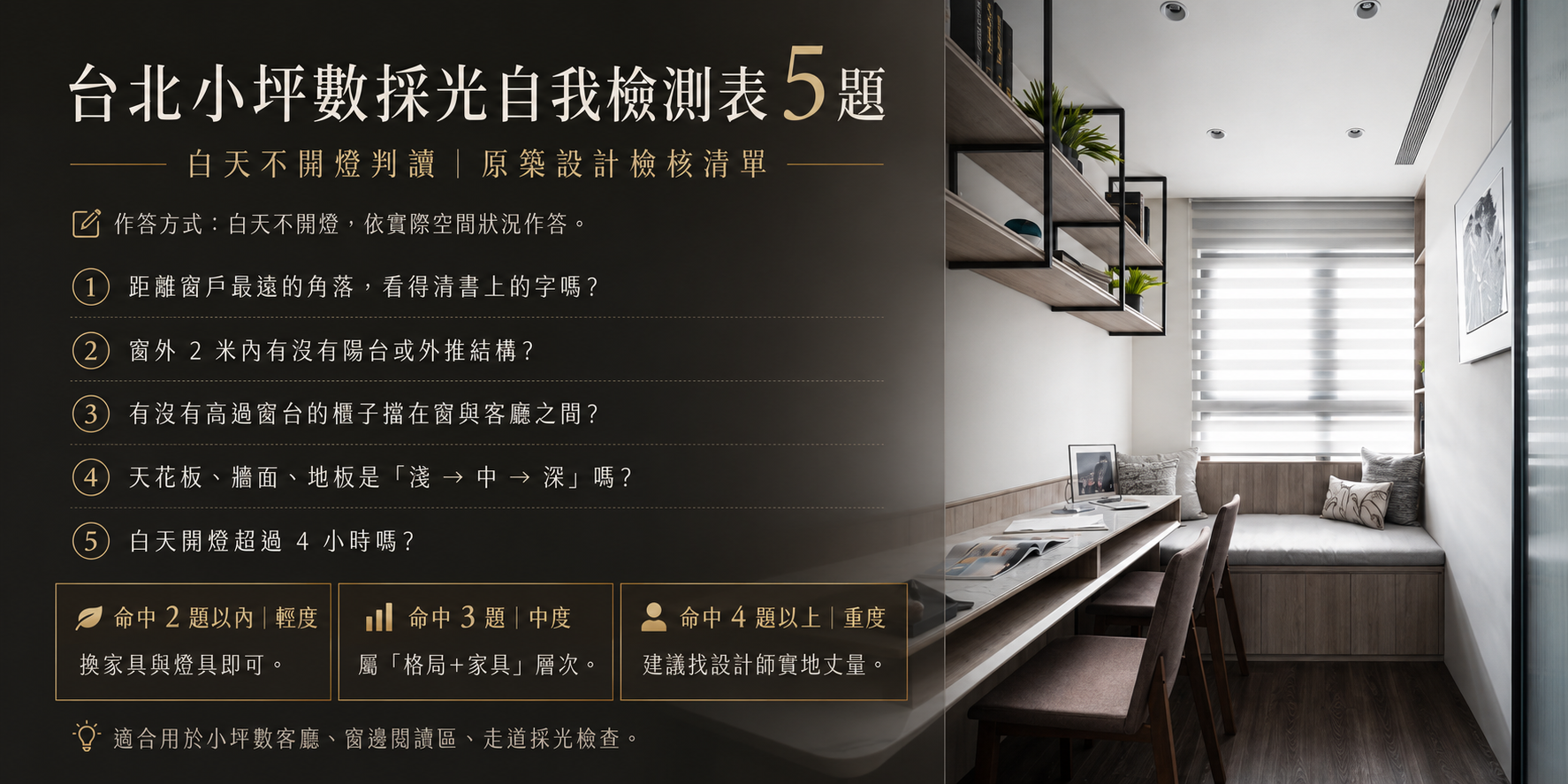 台北小坪數採光自我檢測表5題_白天不開燈判讀輕度中度重度_原築設計檢核清單