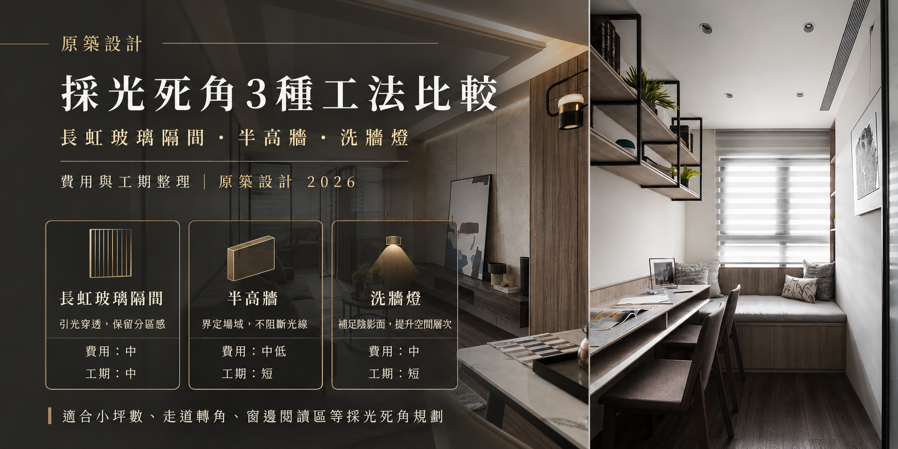採光死角3種工法比較_長虹玻璃隔間半高牆洗牆燈費用工期_原築設計2026