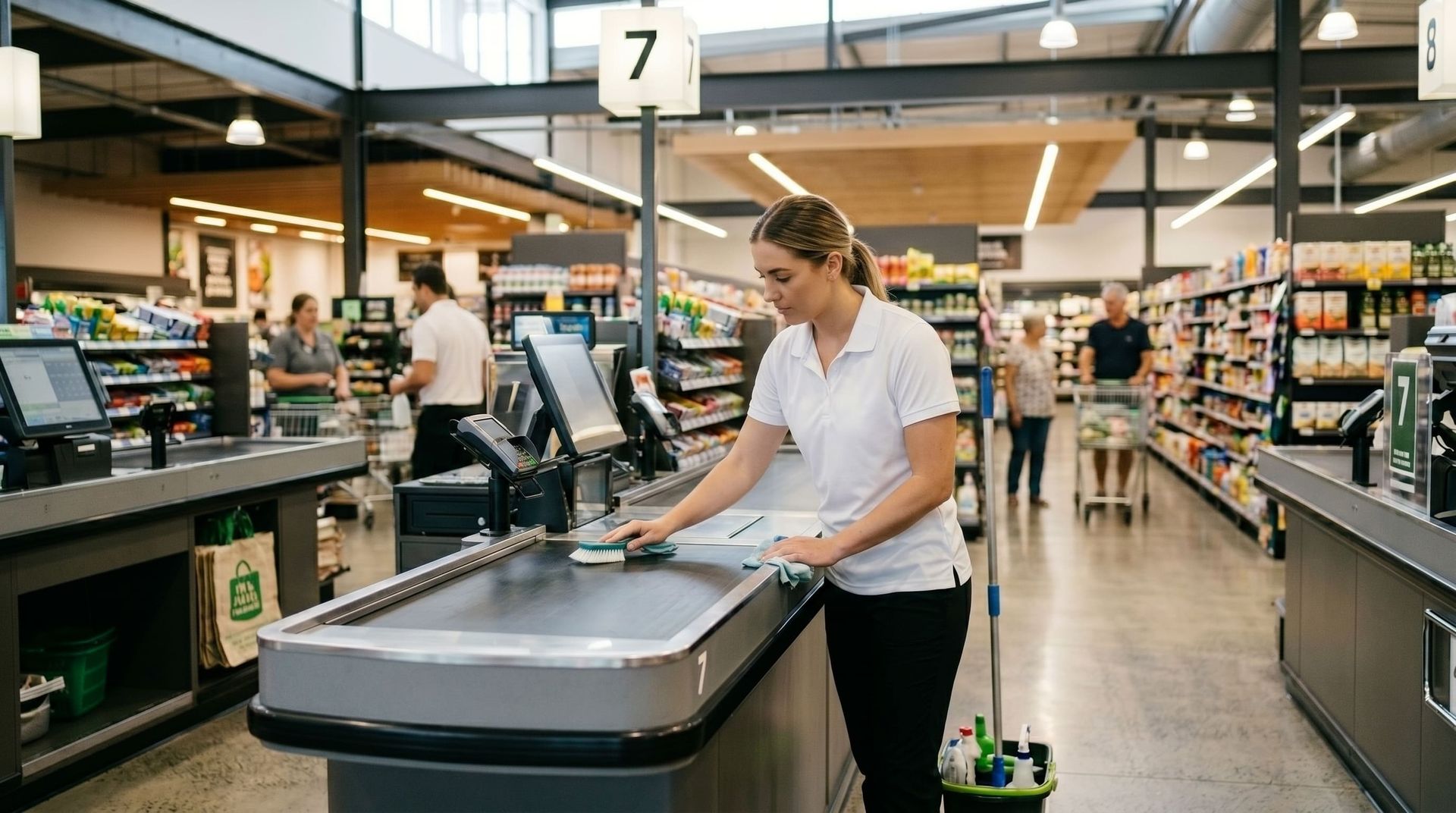 Professional Cleaner Wiping Grocery Store Checkout Conveyor Belt with Microfiber Cloth in Richfield, MN