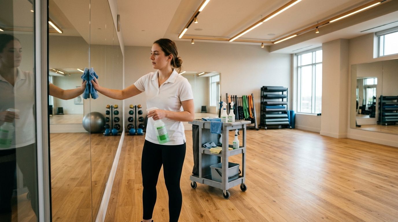 Professional cleaner cleaning and polishing gym mirrors and studio walls, Richfield, MN