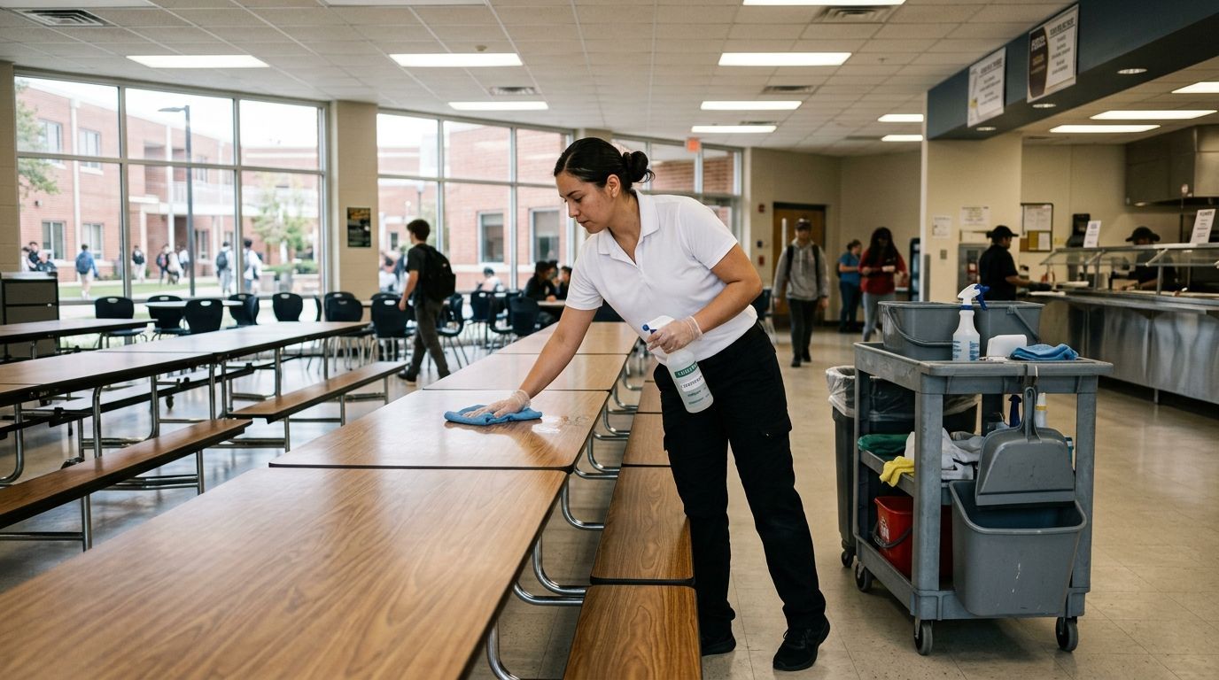 Professional cleaner cleaning and sanitizing cafeteria tables and seating areas, Richfield, MN