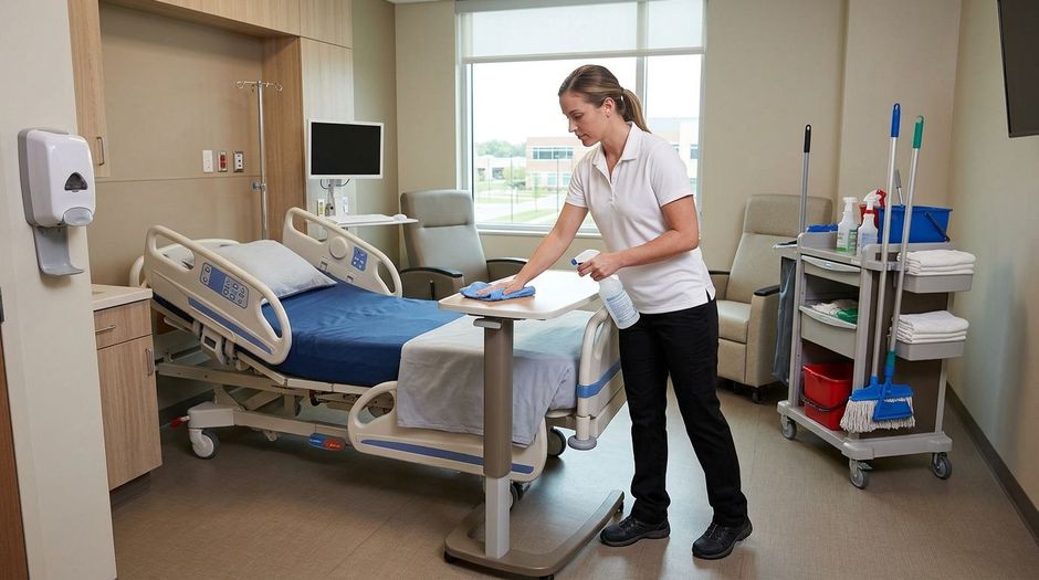 Professional cleaner disinfecting hospital bedside table and patient room surfaces with cleaning spray, Richfield, MN