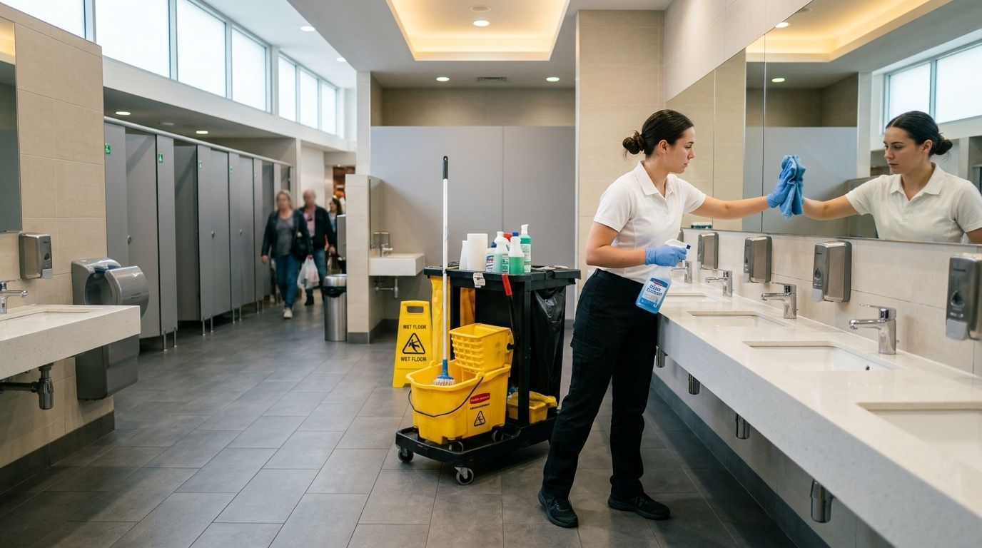 Professional cleaner disinfecting restroom mirror and sink area with spray and cloth, Richfield, MN