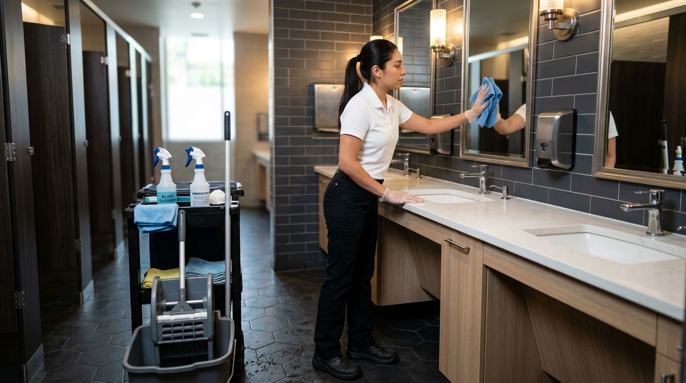 Professional cleaner disinfecting restroom sinks and mirrors in facility, Richfield, MN