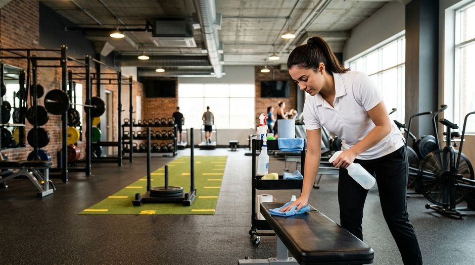 Professional cleaner wiping and sanitizing weight bench and strength training equipment, Richfield, MN