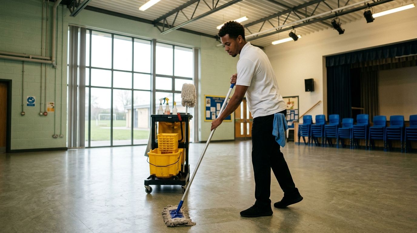 Professional cleaner mopping and maintaining gymnasium floor for safety and cleanliness, Richfield, MN