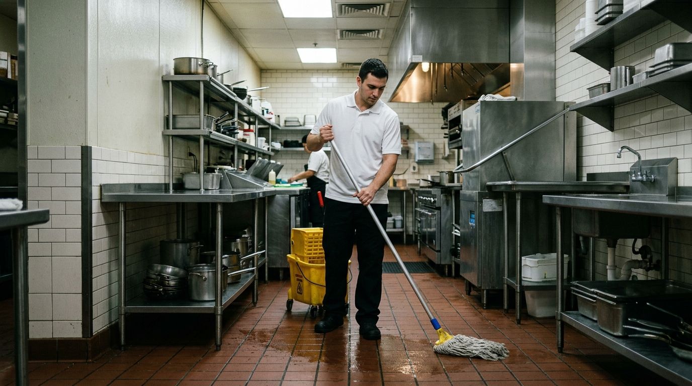 Professional cleaner mopping commercial kitchen floor in restaurant, Richfield, MN