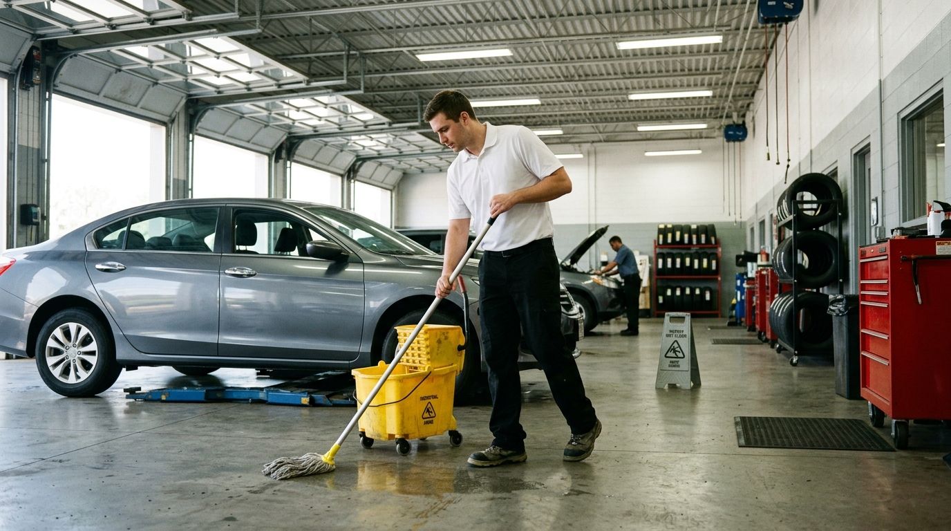 Professional cleaner mopping concrete floor in auto service bay near vehicle lift and tools, Richfield, MN