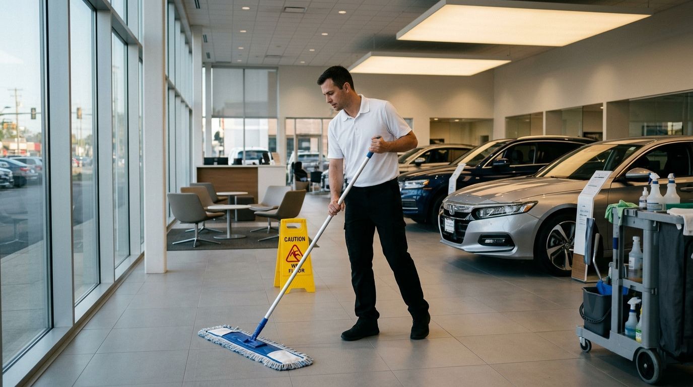 Professional cleaner mopping dealership showroom floor near large windows and parked cars, Richfield, MN