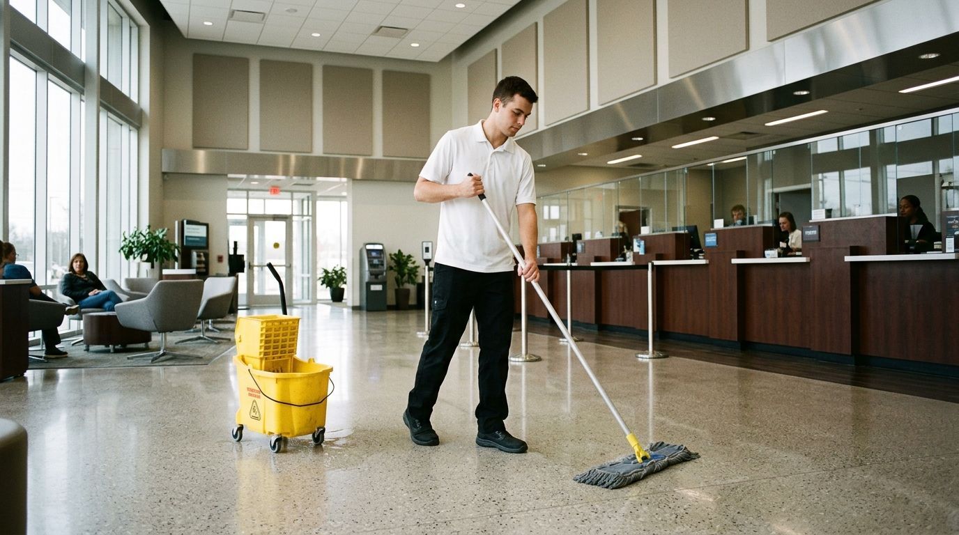 Professional cleaner mopping lobby floor with microfiber mop and janitorial bucket, Richfield, MN