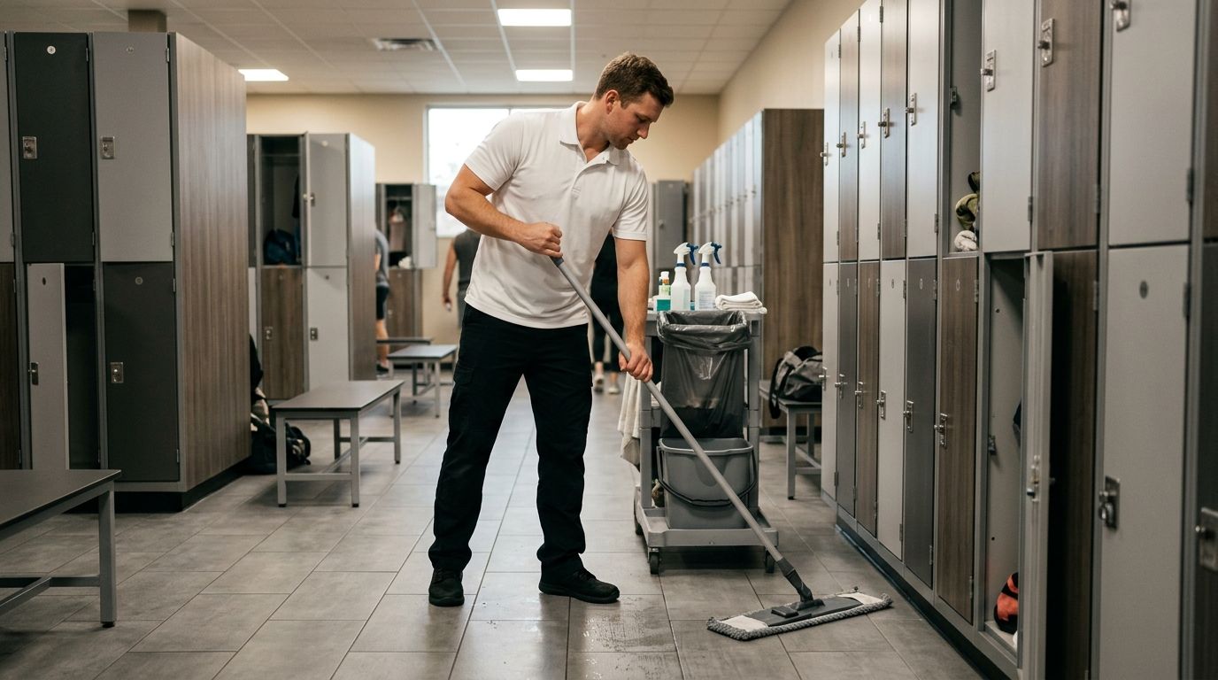 Professional cleaner mopping locker room floors and maintaining a clean environment, Richfield, MN