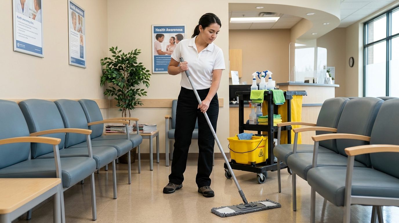 Professional cleaner mopping medical waiting room floor with disinfectant solution and janitorial cart, Richfield, MN