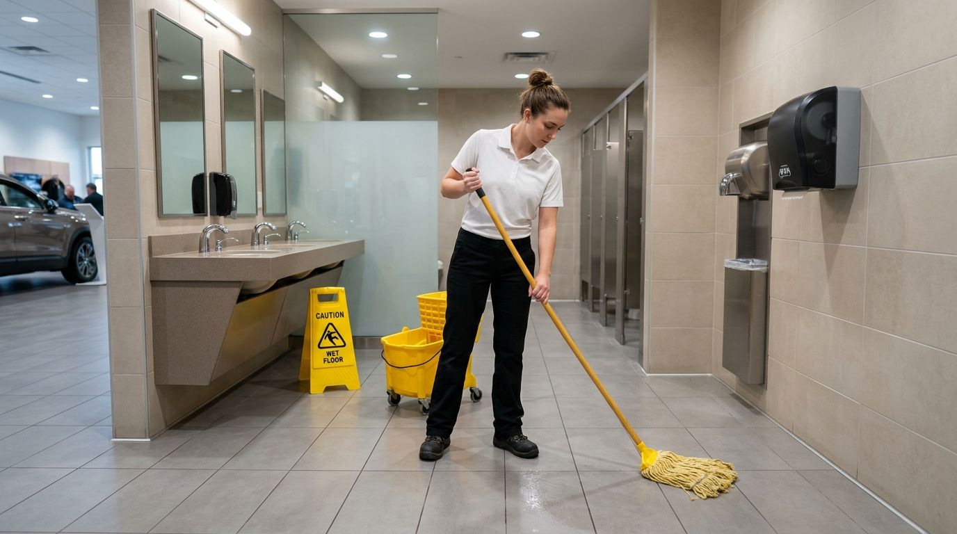 Professional cleaner mopping restroom floor near sinks and stalls with caution sign displayed, Richfield, MN