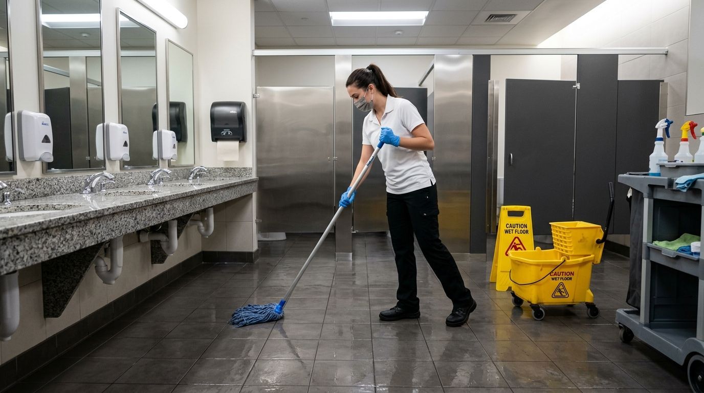 Professional cleaner mopping restroom floor with disinfectant in commercial bathroom, Richfield, MN