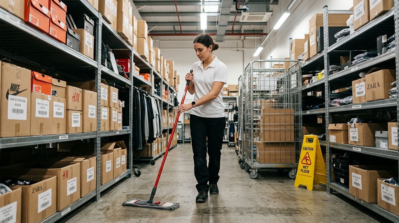 Professional cleaner mopping warehouse aisle between storage racks, Richfield, MN