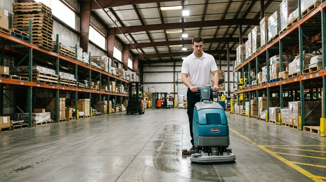 Professional cleaner operating industrial floor scrubber to deep clean warehouse floors, Richfield, MN