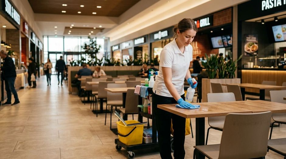 Professional cleaner sanitizing food court dining table surface, Richfield, MN