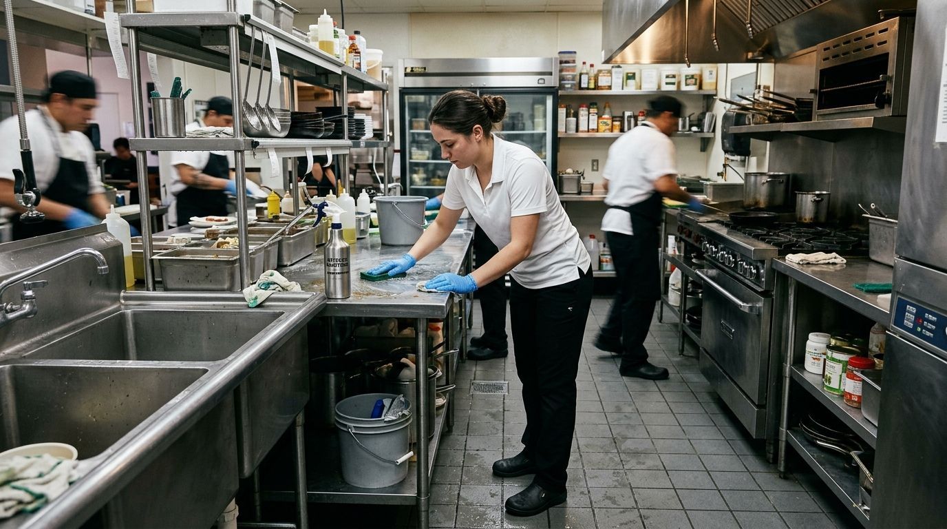 Professional cleaner scrubbing commercial kitchen prep station in restaurant, Richfield, MN
