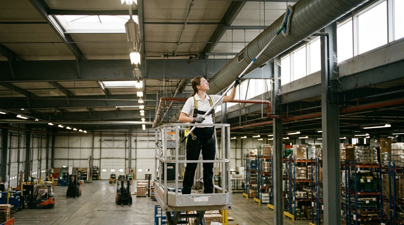 Professional cleaner using lift equipment to dust high warehouse beams and overhead surfaces, Richfield, MN