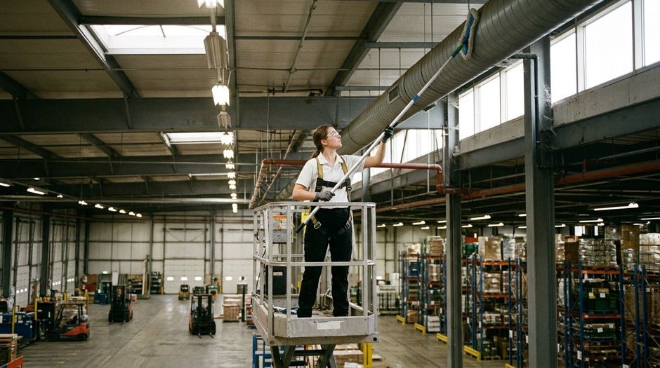 Professional cleaner using lift equipment to dust high warehouse beams and overhead surfaces, Richfield, MN