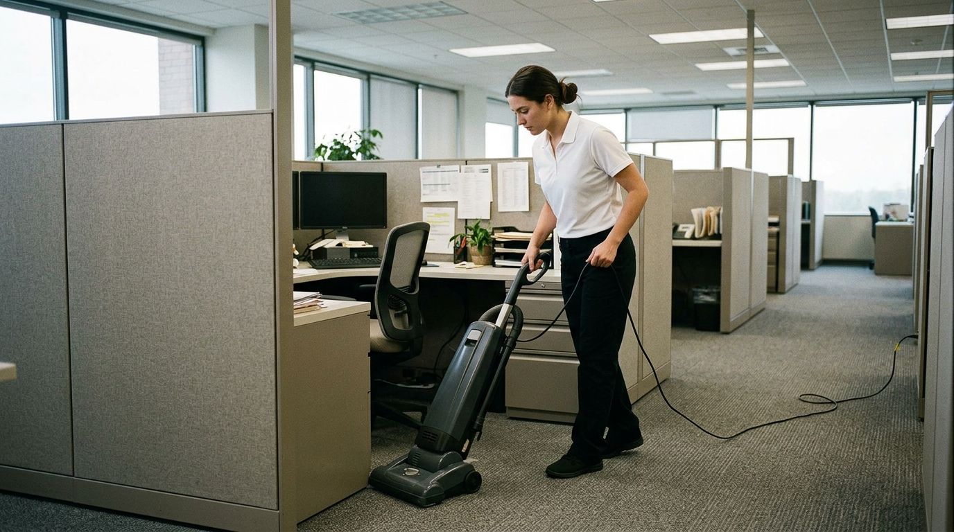 Professional cleaner vacuuming office cubicle flooring with commercial vacuum, Richfield, MN