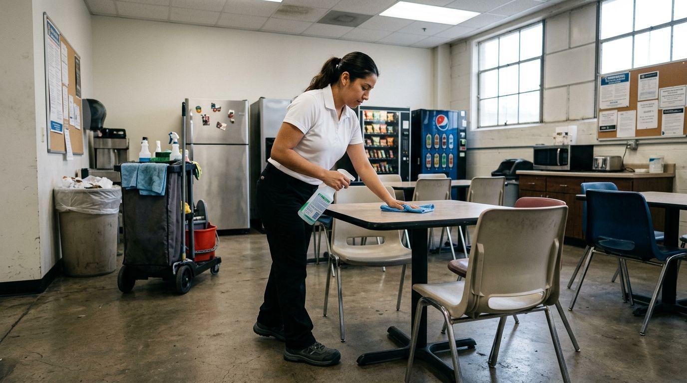 Professional cleaner wiping and sanitizing breakroom tables in industrial facility, Richfield, MN