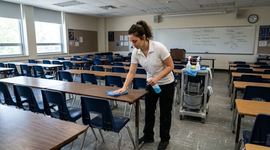 Professional cleaner wiping and sanitizing classroom desks and surfaces, Richfield, MN