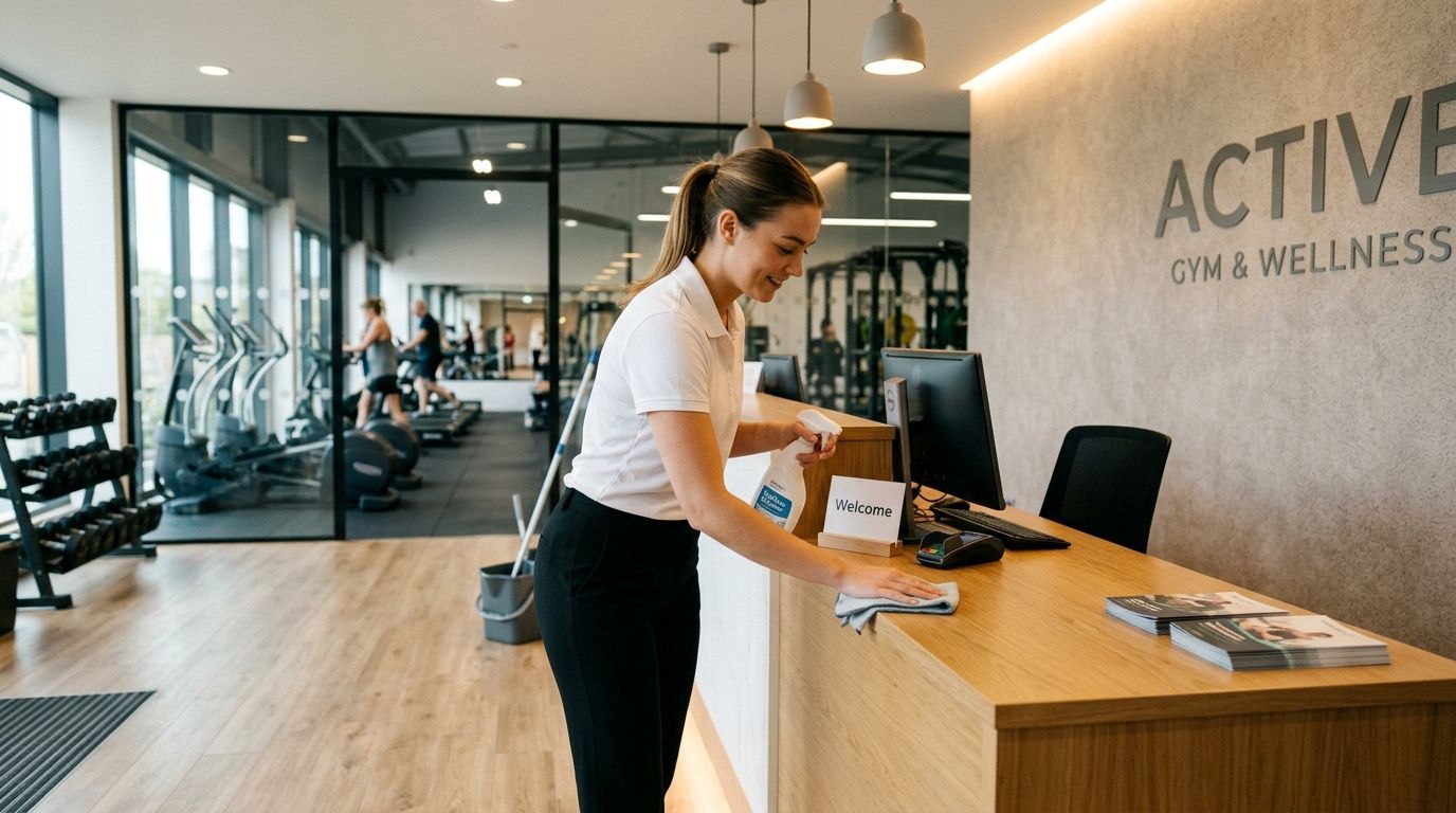 Professional cleaner wiping and sanitizing gym front desk and reception counter, Richfield, MN
