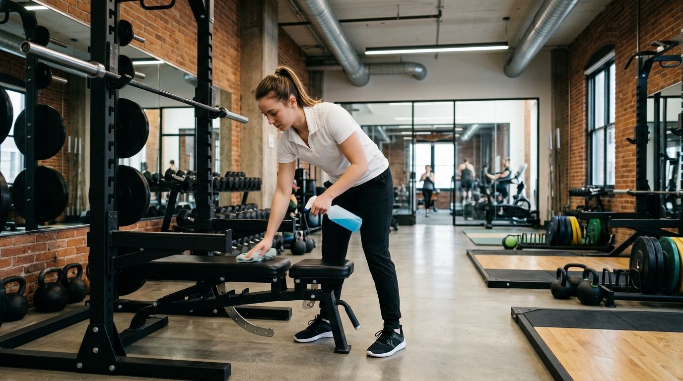 Professional cleaner wiping and sanitizing weight bench and strength training equipment, Richfield, MN