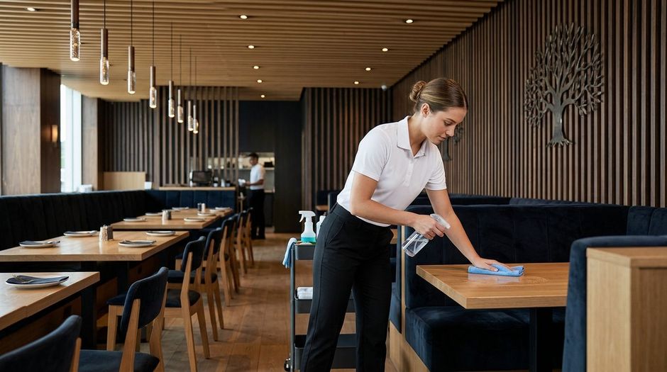 Professional cleaner wiping dining tables and booths in restaurant, Richfield, MN