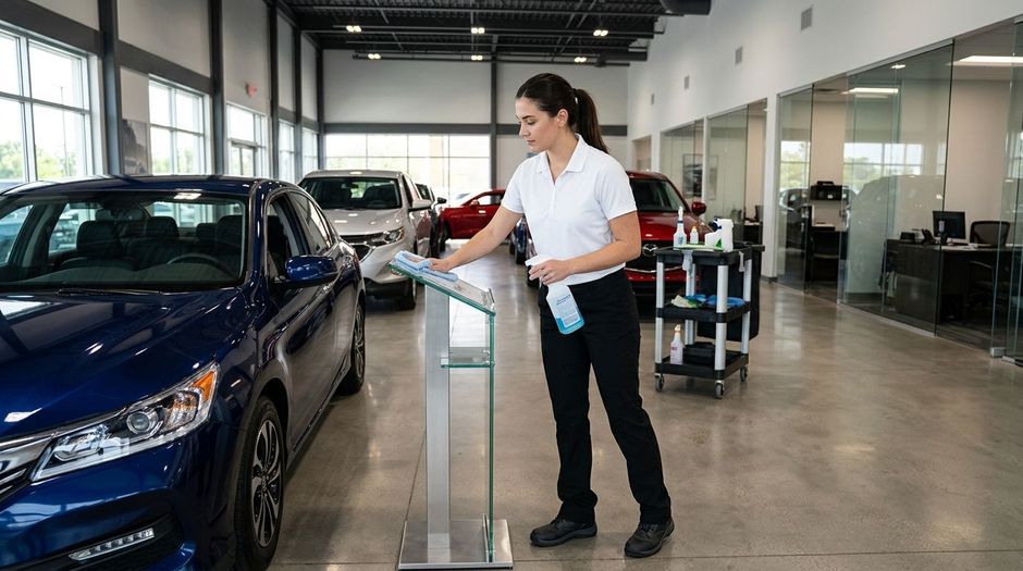 Professional cleaner wiping glass podium and disinfecting showroom surface near parked vehicles, Richfield, MN