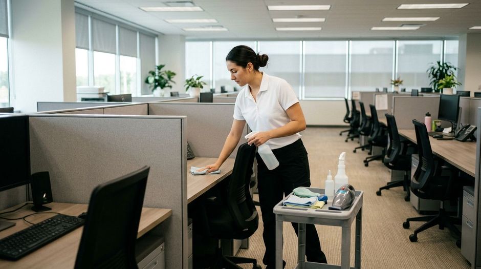 Professional cleaner wiping office desk and cubicle surfaces with disinfectant cloth, Richfield, MN