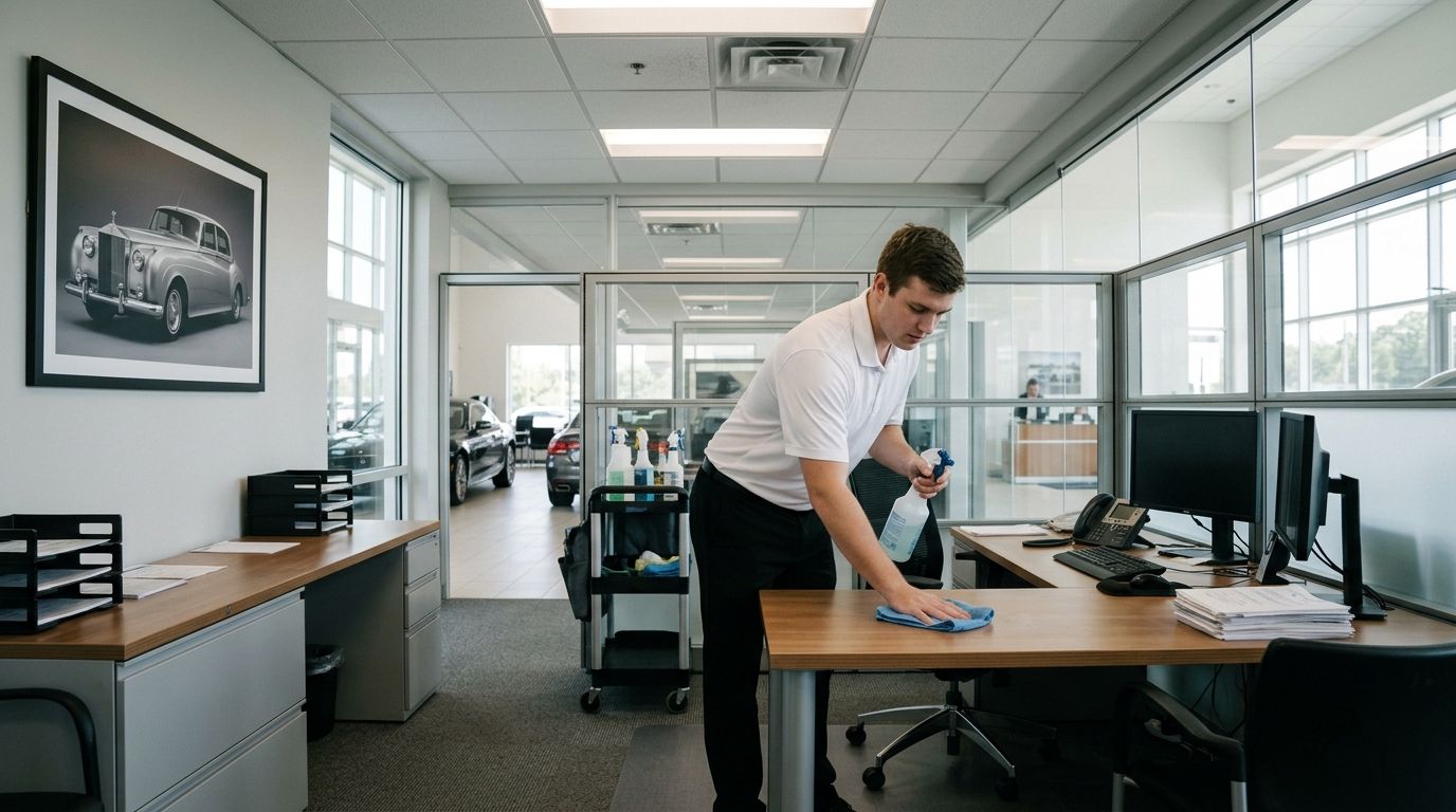 Professional cleaner wiping office desk and sanitizing workspace inside auto dealership office, Richfield, MN