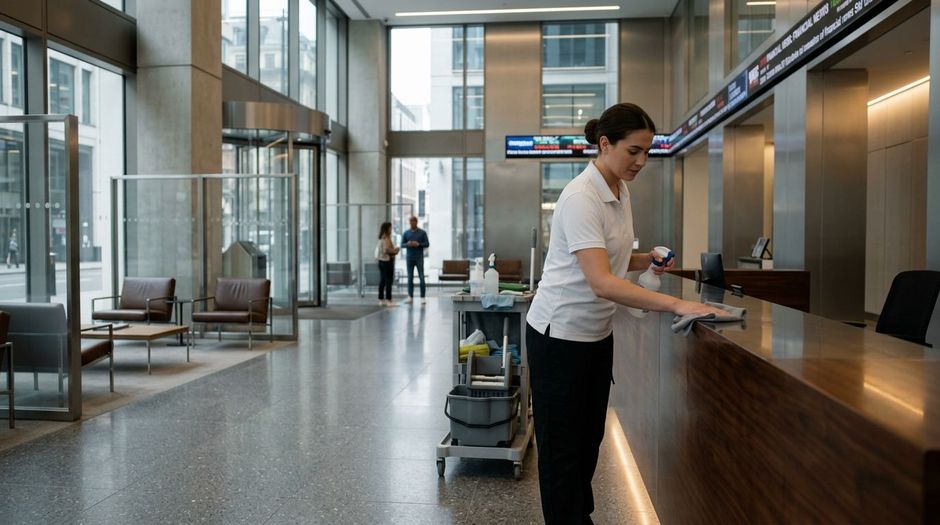 Professional cleaner wiping reception desk surface with disinfectant cloth in office lobby, Richfield, MN