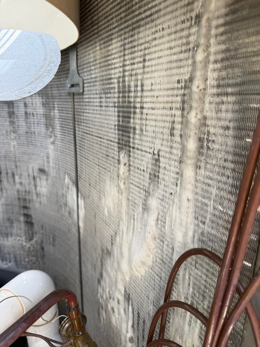 Dirty air conditioner coil with white and black residue.