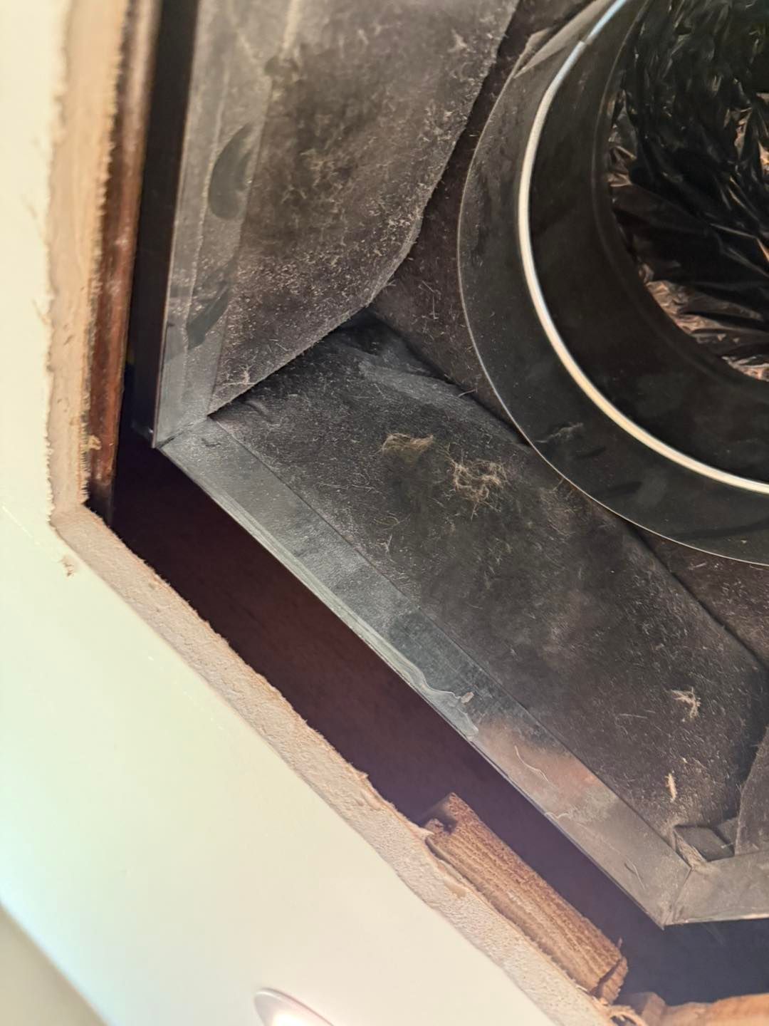 A dirty, rectangular air vent in a ceiling. Ductwork and insulation are visible inside.